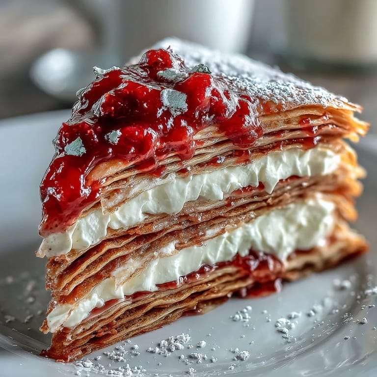 Schichtweise aufgebauter Blood Orange Curd Crêpe Cake mit frischer Orangenzeste und Sahne.