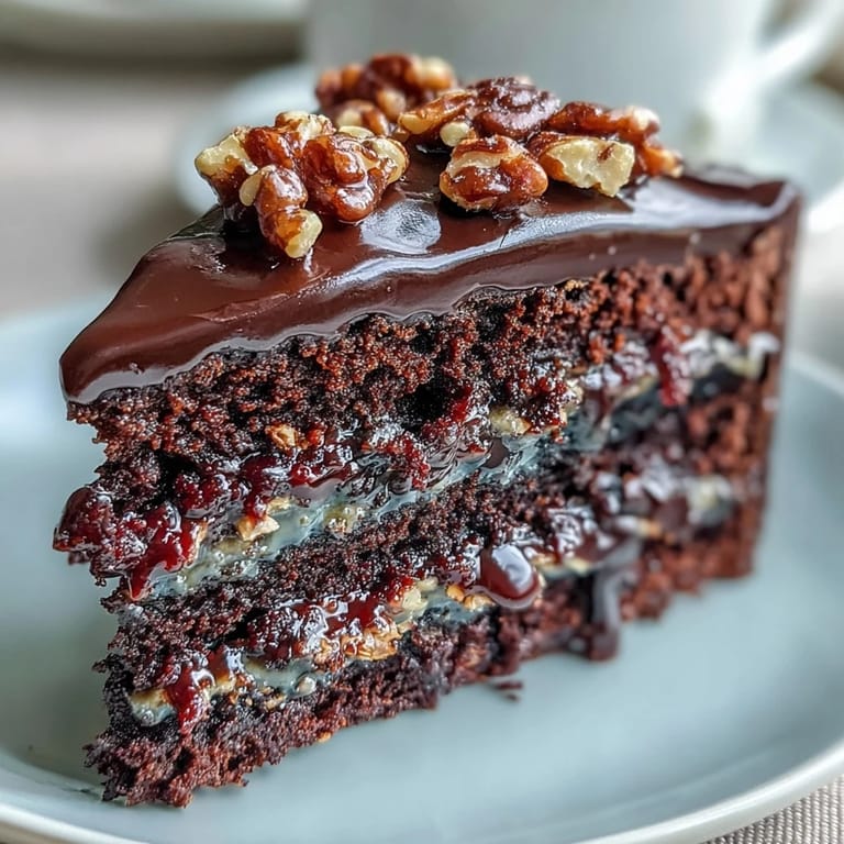 Fein angerichtetes Chocolate Celebration Cake mit dunkler Schokoladenglasur und decorativen Hazelnut Praline Splittern auf dem Teller.