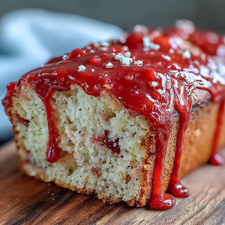 Goldene Kruste des Blutorange-Kuchens mit Mohn und Marzipan auf einer blau-weißen Servierplatte.