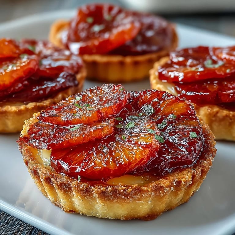 Six elegant Blood Orange Tarts on a marble board, garnished with glossy honey glaze and delicate mint leaves.  