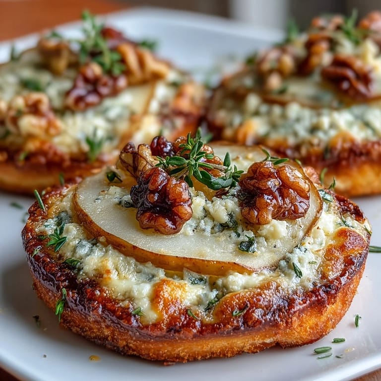 Crisp Pear, Gorgonzola, and Pickled Walnut Pizzettes arranged on a slate platter with arugula.