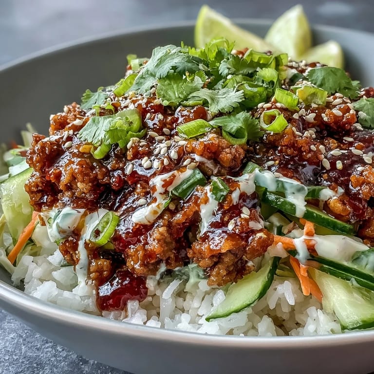 Colorful ground turkey rice bowl with crisp veggies, drizzled with tangy bang bang sauce and a sprinkle of sesame.
