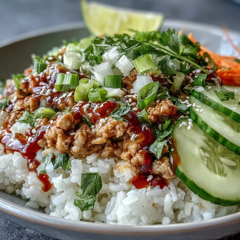 Spicy bang bang turkey over fluffy white rice, garnished with scallions and lime wedges for a fresh finish.