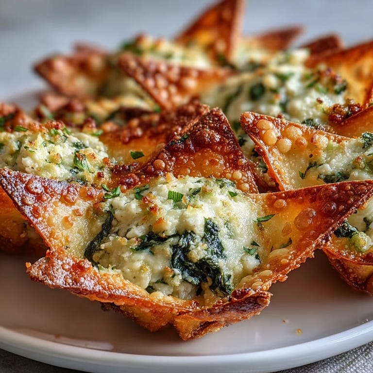 Golden baked wonton cups holding Mediterranean Spinach and Feta Cheese Crisps with wilted greens, aromatic herbs, and creamy crumbled cheese.
