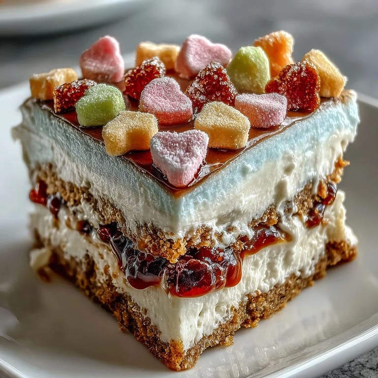 Candy Hearts Fake Cake mit cremiger Füllung und bunten Herzchen auf weißem Teller.