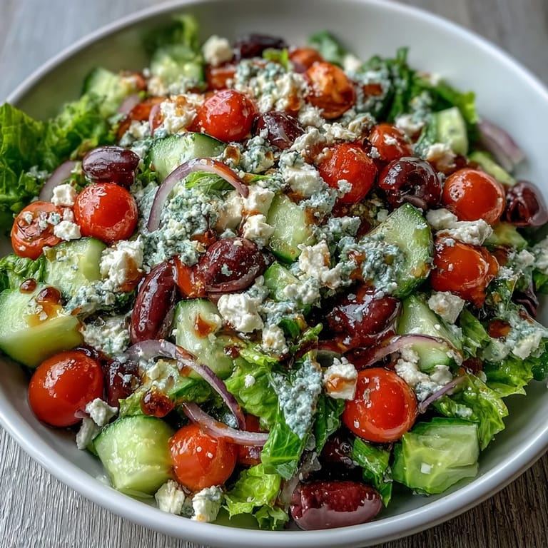 Sommerlicher griechischer Salatbowl perfekt als vegetarisches Mittagessen, garniert mit frischem Knoblauch und Oregano.