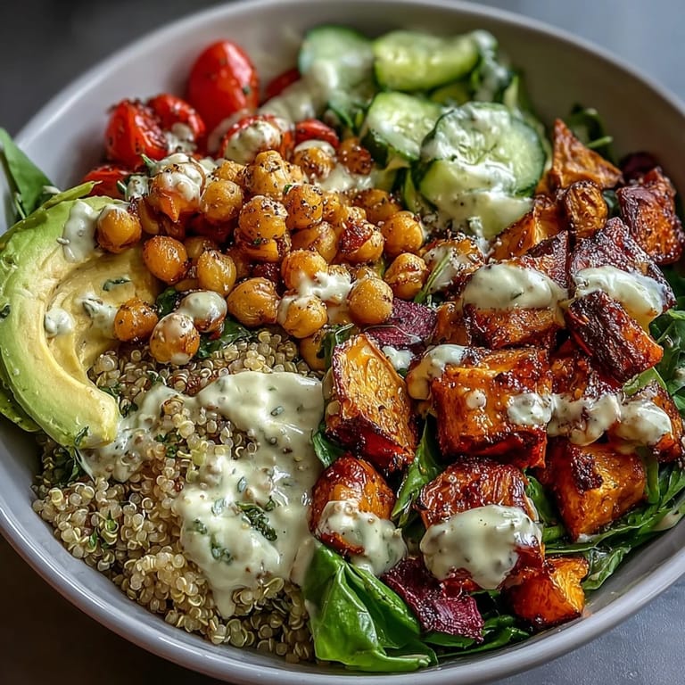 Genussvoll angerichtete Buddha Bowl aus Quinoa, karamellisierten Süßkartoffeln, Kichererbsen, knackigem Gemüse und cremigem Knoblauch-Tahini-Dressing.