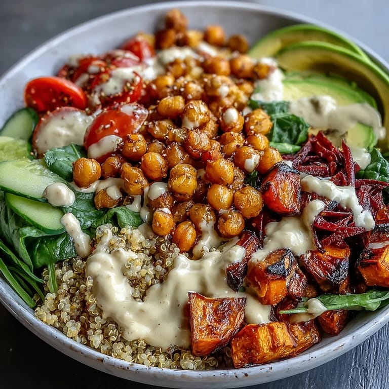 Schön belegte Schüssel mit Quinoa, goldenen Süßkartoffelstücken, knusprigen Kichererbsen, frischem Gemüse und einem hauchdünn geträufelten Knoblauch-Tahini-Dressing.
