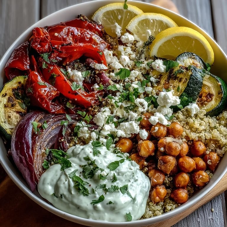 A nourishing Mediterranean Buddha Bowl featuring creamy hummus, tangy Greek yogurt, and Kalamata olives served with lemon wedges.