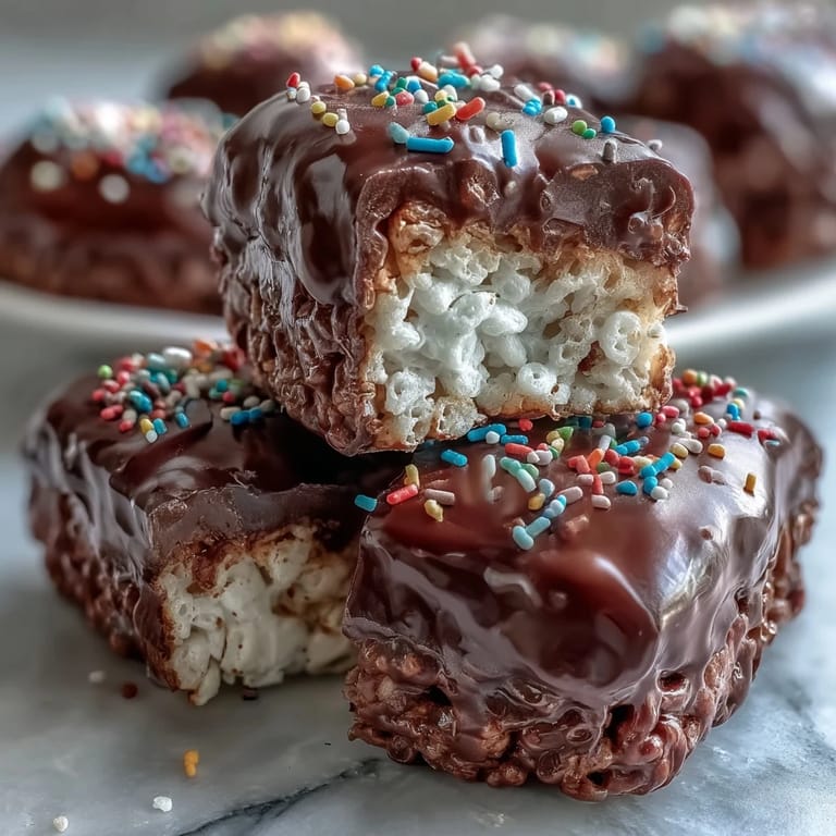 Geschnittene Chocolate Covered Rice Krispy Treats, cremig-zart im Inneren und knackig, serviert auf Holzplatte.