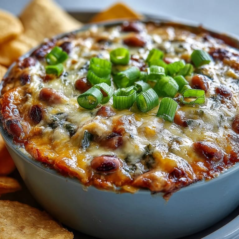 Cremiger, gebackener Hot Black-Eyed Pea Dip mit goldenem Käse, Bohnen und Gemüsesticks für die Party.