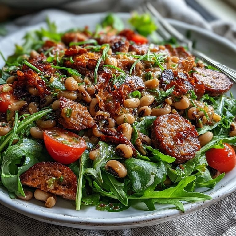 Fresh Hoppin John Style Black-Eyed Pea Salad with turkey sausage, red peppers, and creamy avocado slices on a plate.