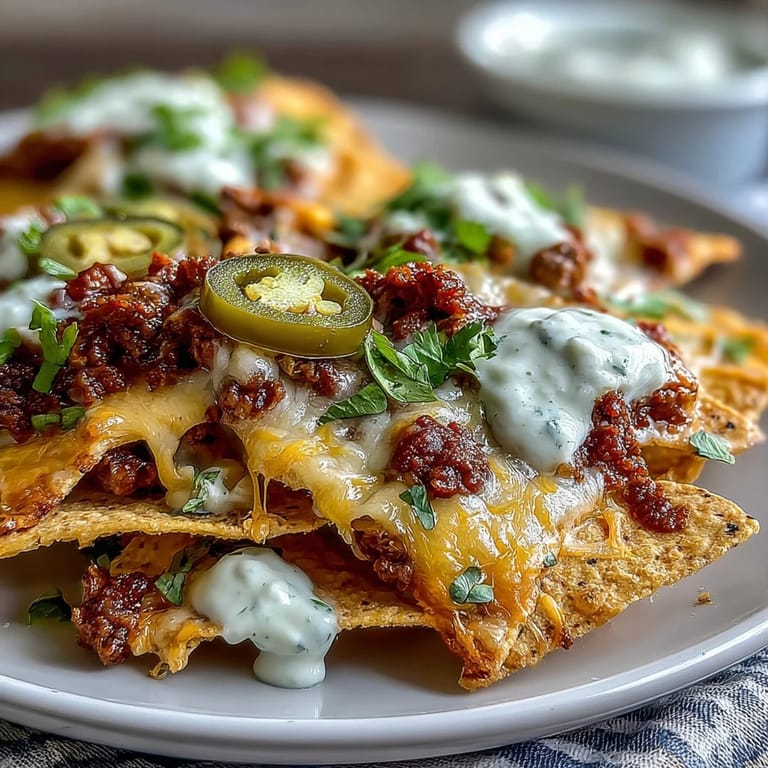 Gebackene Nachos mit knusprigen Tortilla-Chips, geschmolzener Käsesauce, Rindfleisch und Jalapeños, ideal für den Spieltag.