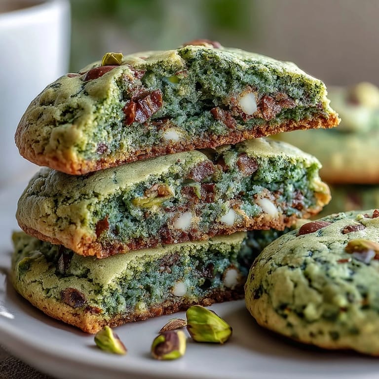 Festliche, grüne Pistazienkekse mit natürlicher Farbe, dekoriert mit gehackten Pistazien und einem Hauch Vanille.