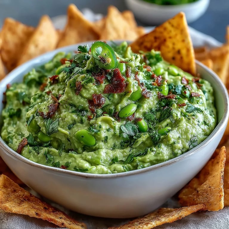 Grüner Avocado-Edamame-Dip mit Koriander und Zwiebeln, begleitet von gerösteten Vollkorn-Pita-Chips.