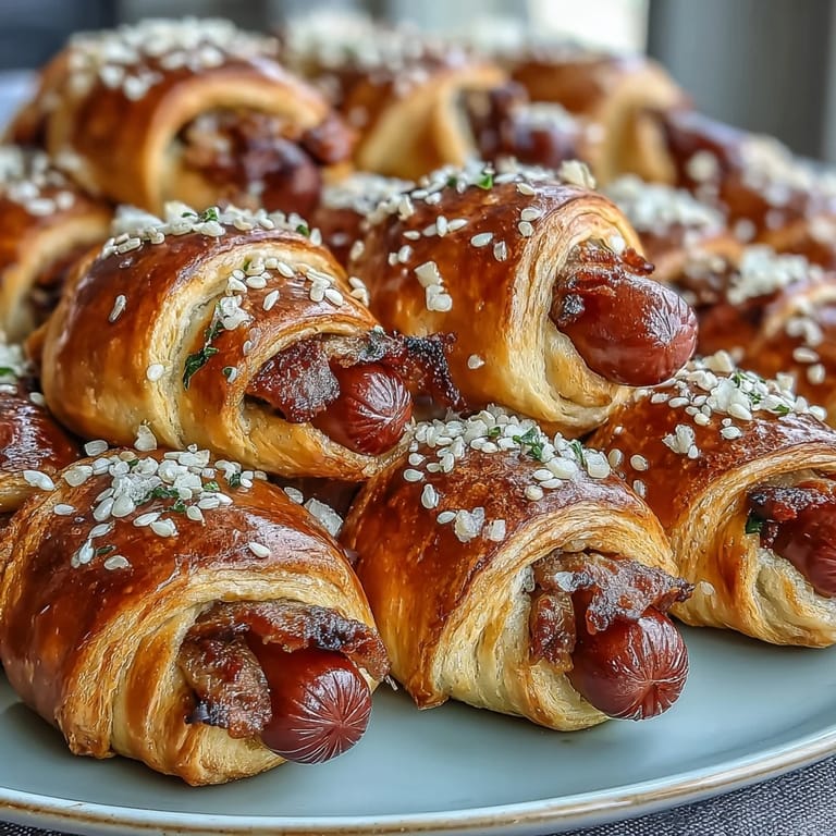 Gebackene Mini Hot Dogs in Crescent Roll Dough: knuspriger Teig umschließt saftige Würstchen, perfekt für Partys und Spieleabende.