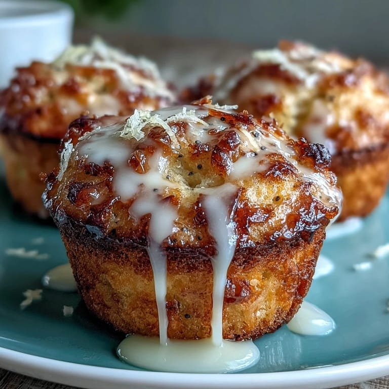 Goldbraune Zitronen-Mohn-Muffins mit frischem Zitronenabrieb und einem glänzenden Zitronenguss, perfekt für ein gemütliches Frühstück.