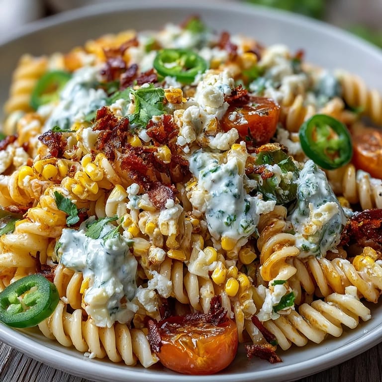 Lebhafter mexikanischer Nudelsalat mit rauchigem Chili, frischer Limette und Cotija.  