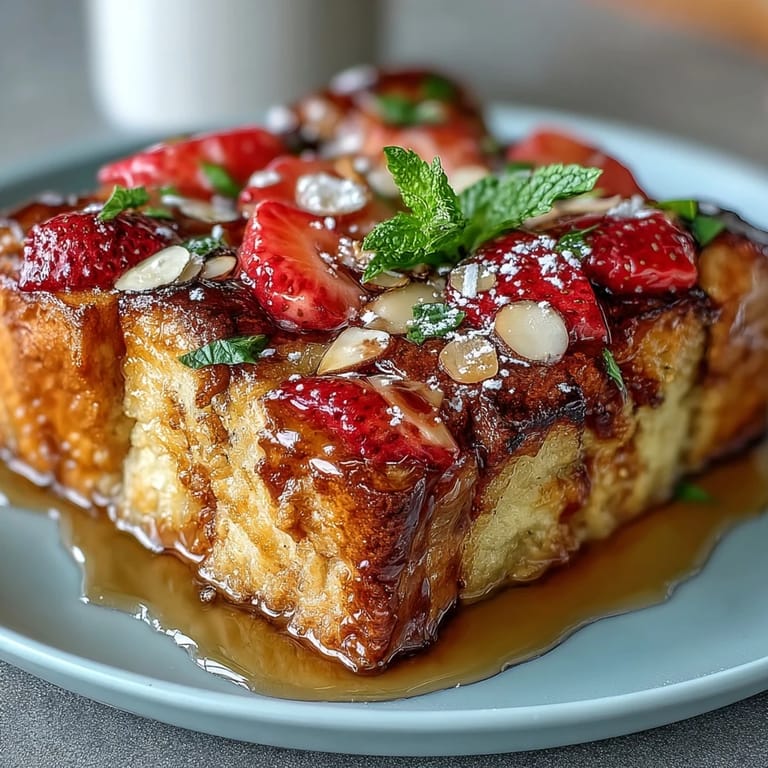 Saftiger Erdbeer-French-Toast-Auflauf mit Mandeln und karamellisierter Zuckerkruste.