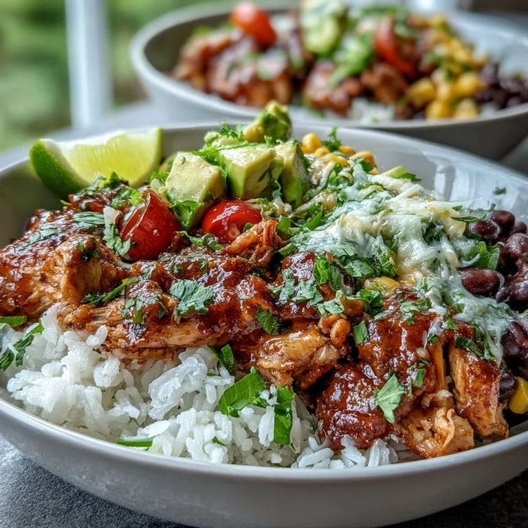 Zerrupftes Hähnchen in Salsa-Sauce über Reis mit Mais und Avocado.  