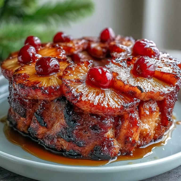 Honigglasierter Schinken mit Ananas und Kirschen, eine köstliche Hauptspeise für Feiern.