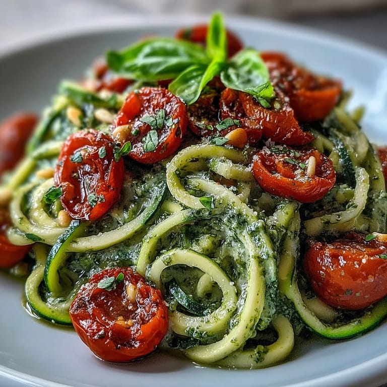 Zucchininudeln in Basilikumpesto geworfen mit süßen Kirschtomaten, ein leichtes Gericht.  