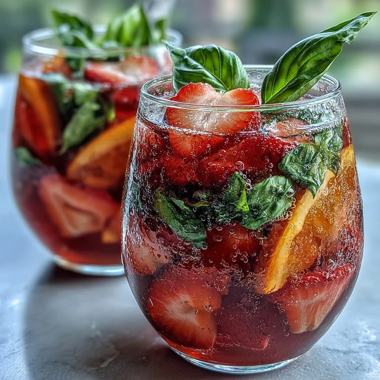 Bunter Erdbeer-Basilikum-Sangria-Mocktail mit Orangenscheiben und Basilikumblättern.