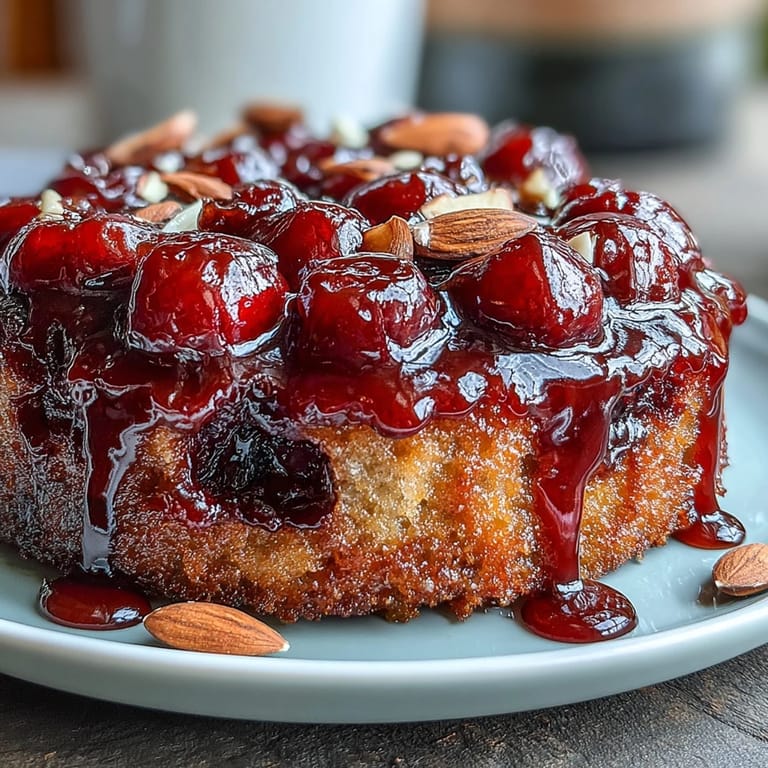 Saftiger Upside-Down-Kuchen mit frischen Kirschen und zartschmelzendem karamellisiertem Boden.  