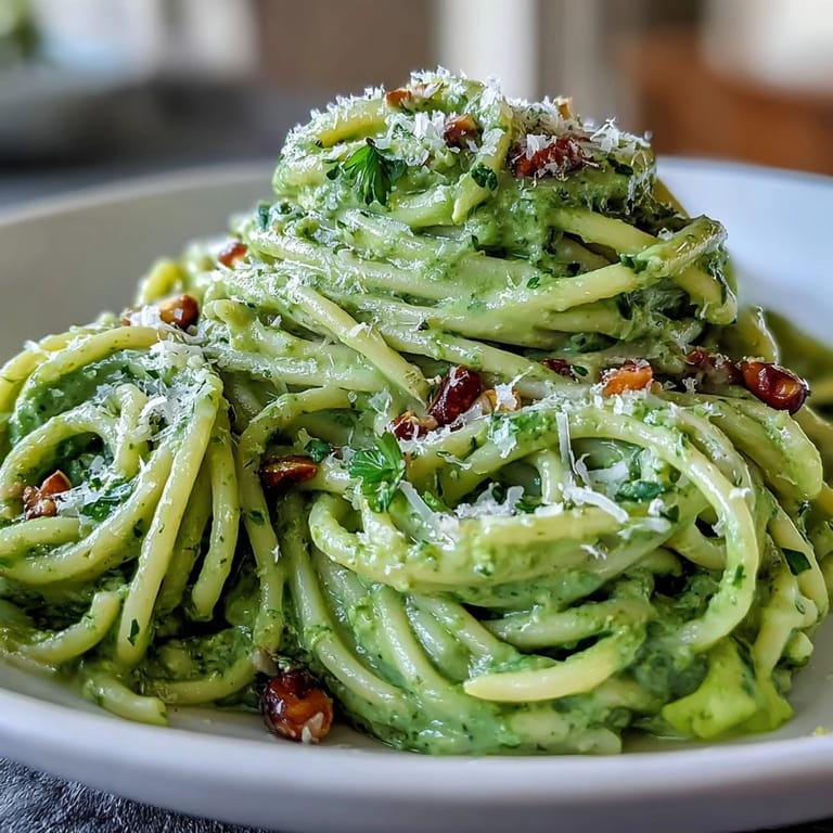 3. Vegane Avocado-Pesto-Pasta mit Walnüssen, Parmesan und frischem Basilikum garniert