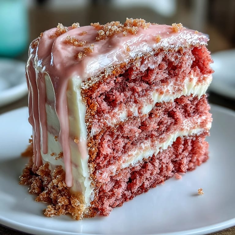Zarter rosa Samtkuchen mit Rosé-Aroma, geschichtet mit cremiger Glasur und verziert mit glänzendem Goldtropf.