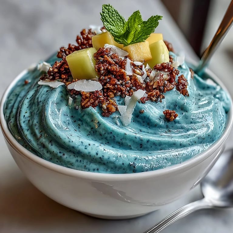 Erfrischende blaue Spirulina Smoothie Bowl, opulent dekoriert mit frischen tropischen Früchten und Granola.