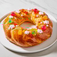 A golden-brown Couronne de Roi Bijoux Sucrés, a French crown bread sparkling with candied jewels.