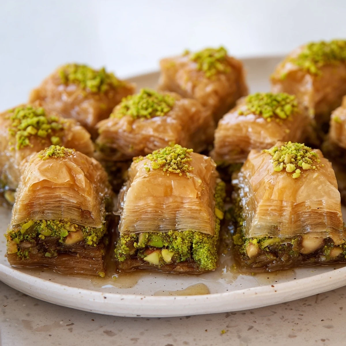 Golden-brown Turkish hazelnut and pistachio baklava, glistening with honey syrup, a delicious dessert.