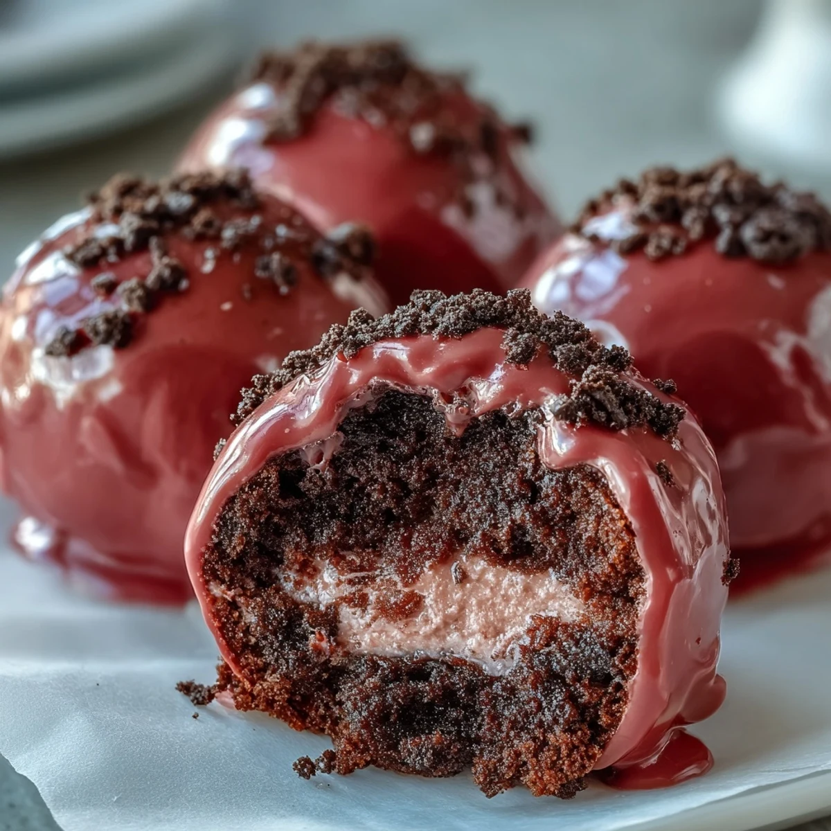 Zarte Oreo Truffle Bälle mit rosa Zuckerguss, auf einem rustikalen Holzbrett angerichtet.