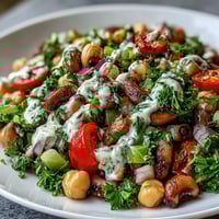Frisch zubereitete New Years Hoppin John Salad mit schwarzaugigen Erbsen, Kichererbsen und cremiger Tahini-Dressing.