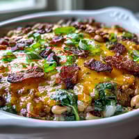 Tex Mex Black Eyed Pea Casserole topped with golden melted cheddar and smoky bacon bits.