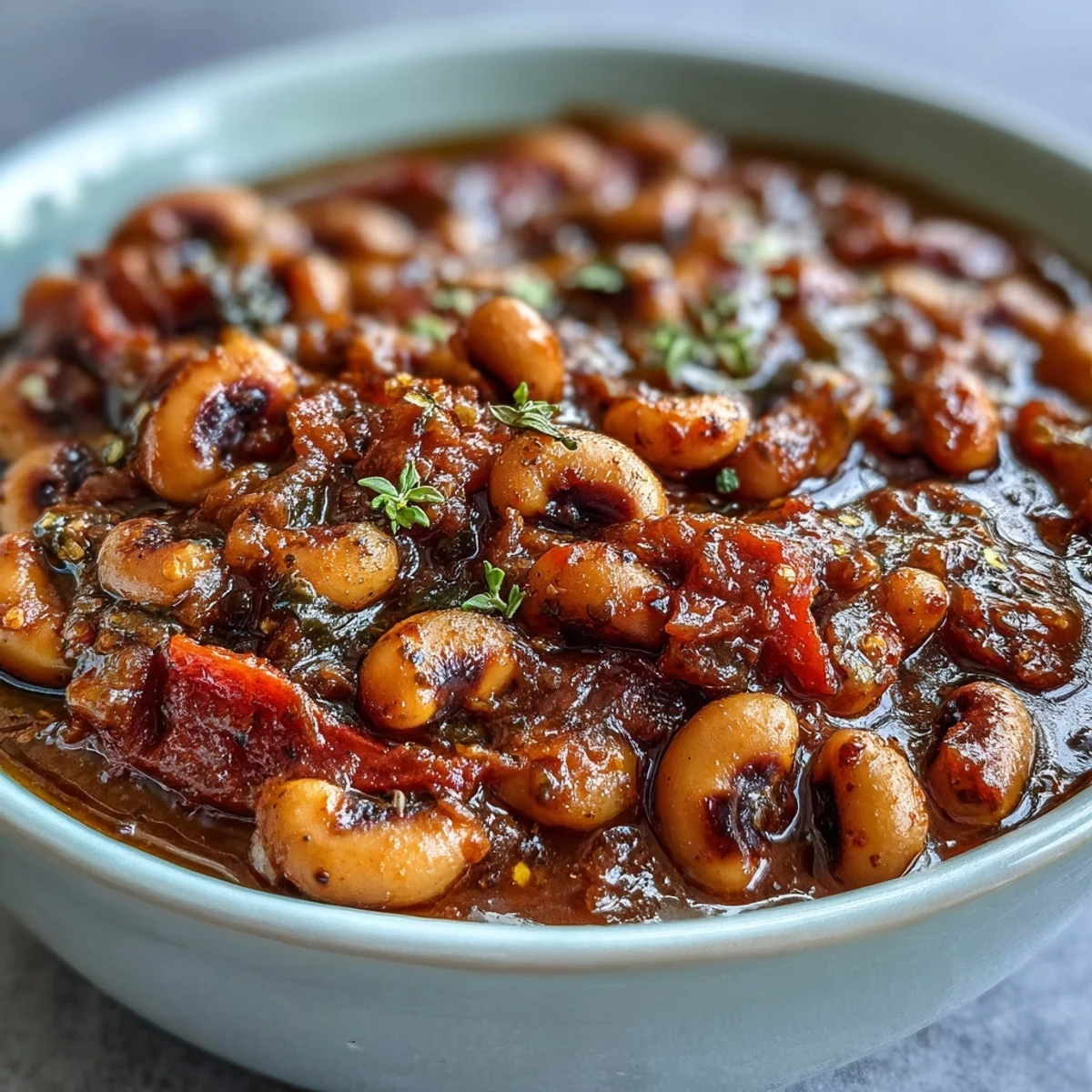 Greek-Style Slow Cooker Black-Eyed Peas stew steaming in a rustic ceramic bowl, garnished with fresh parsley and lemon wedges for brightness.
