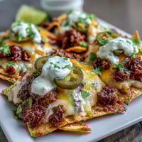 Ein Teller Nachos mit gewürztem Rindfleisch, cremiger Käsesauce, Jalapeños und frischen Toppings, perfekt für Partys.