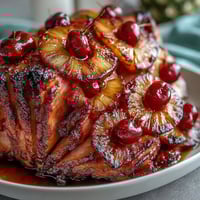 Goldener Honig-Schinken mit Ananasringen und Kirschen, perfekt für festliche Anlässe.