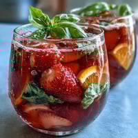 Frische Erdbeer-Basilikum-Sangria-Mocktail mit Zitrusfrüchten und Basilikum in einem Glas.