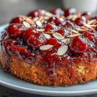 Köstlicher Kirschen-Mandel-Kuchen mit karamellisierter Kirschtopschicht und zartem Mandelteig.  