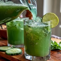 1. Eine erfrischende, grüne Detox-Kürbis-Minze-Agua Fresca mit Gurken, Minze und Limette in einem Glas mit Eiswürfeln.